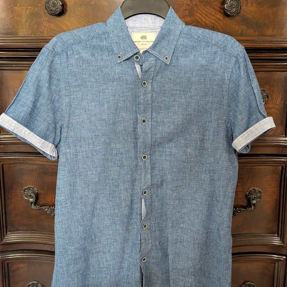 Report Collection Denim Blue Linen Blend Button Down Shirt
